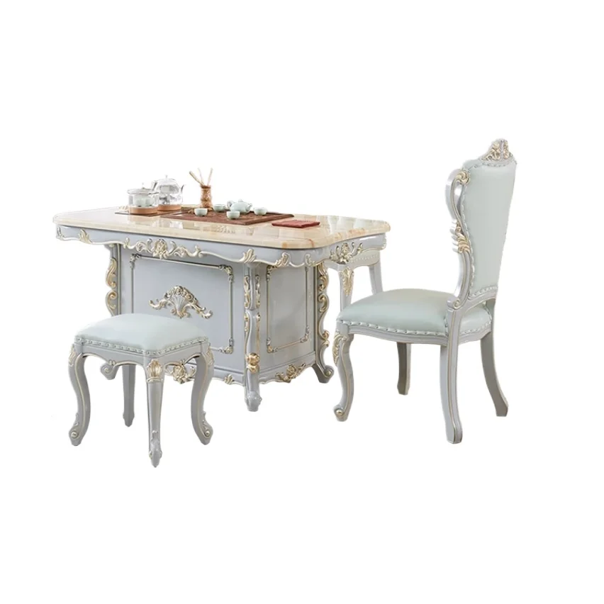 

Французский чайный столик, высококачественный балконный чайный столик из цельного дерева, комбинация небесно-серого чайного столика и стула