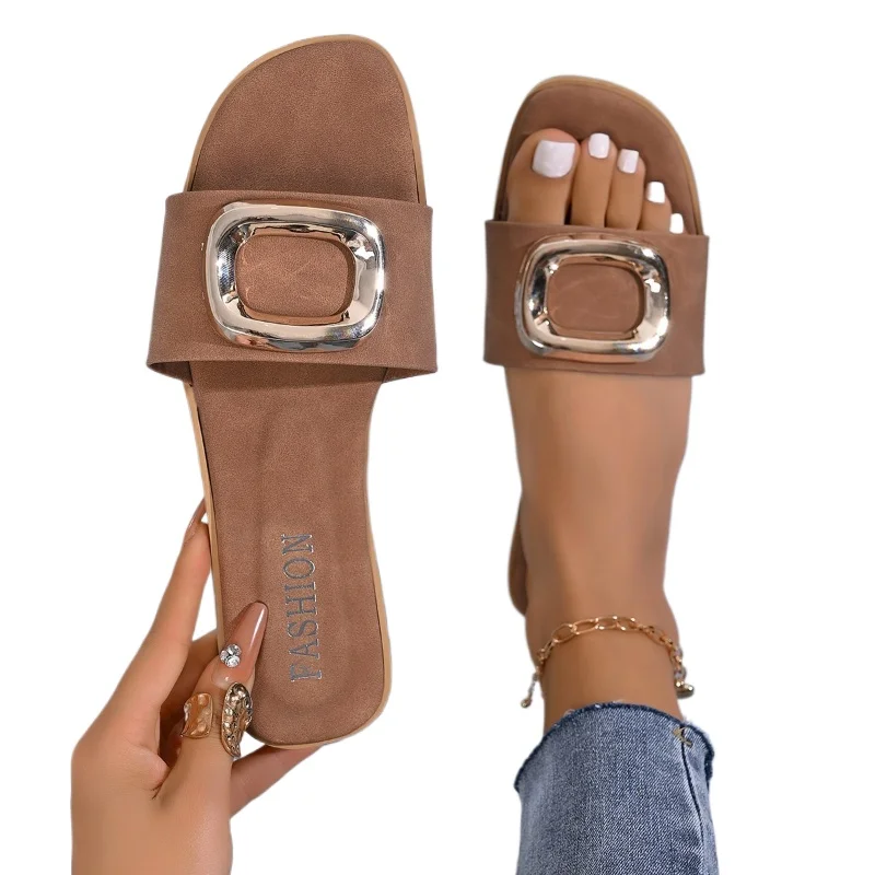 

2026 Womens Popular Leather Slippers Fashionable Metal Belt Decorative Opened Toe Slippers Women Wide Mouth Flat Slippers 35-43