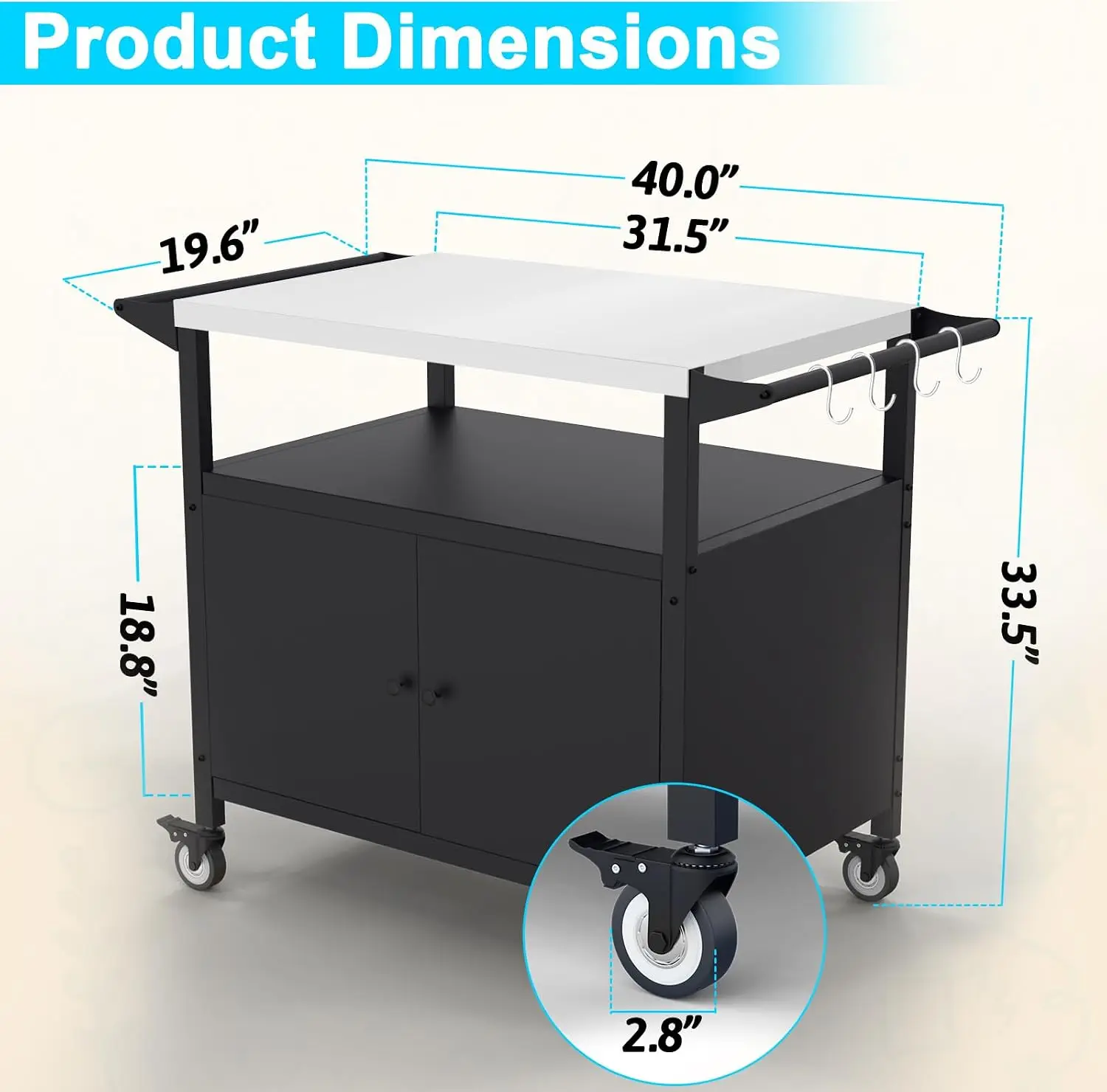Outdoor Grill Table Countertop Display Organizer Holder Storage Rack Frame Stainless Steel Movable BBQ Cart Prep Station Rolling Bar Serving Cart With Utensil Hooks Black view 4