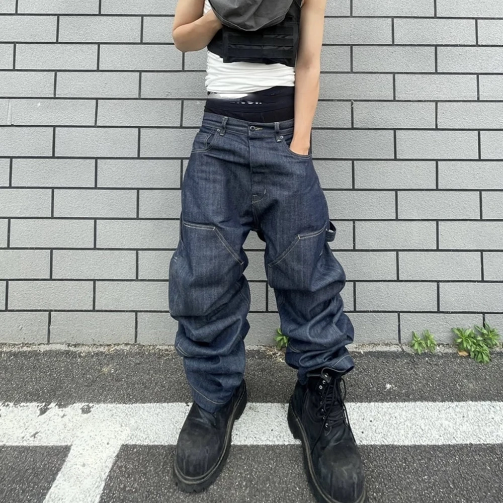 ハイストリートオリジナルカラーワイドレッグブルーバギージーンズ メンズ ストレートルーズポケットカジュアルデニムパンツ オーバーサイズカーゴトラウザーズ