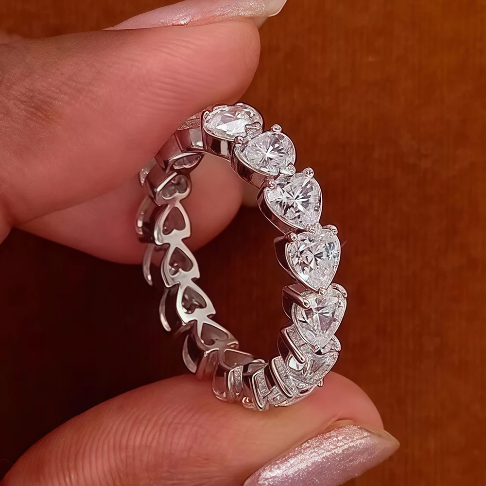 

Heart Cut Moissanite Rings 3/4/mm Eternity Band For Women Certified Lab Diamond Wedding Band 925 Silver Engagement Ring