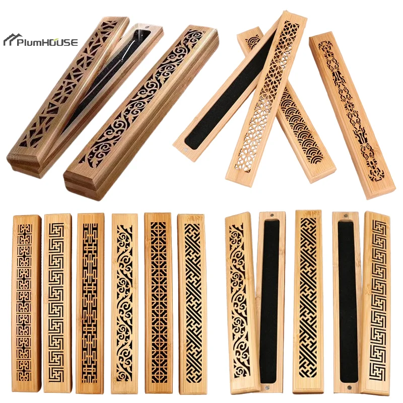 Chinese Natural Bamboo Incense Burner Holder With Laying Plate Aromatherapy Wooden Incense Storage And Burning Boxes Crafts