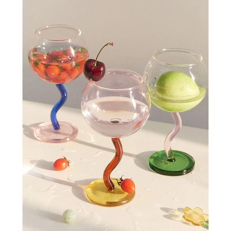 

300ml 10oz 1 PC New Creative Colourful Round Wine Glasses Cup With Twisted Stem Glass Goblet Cup