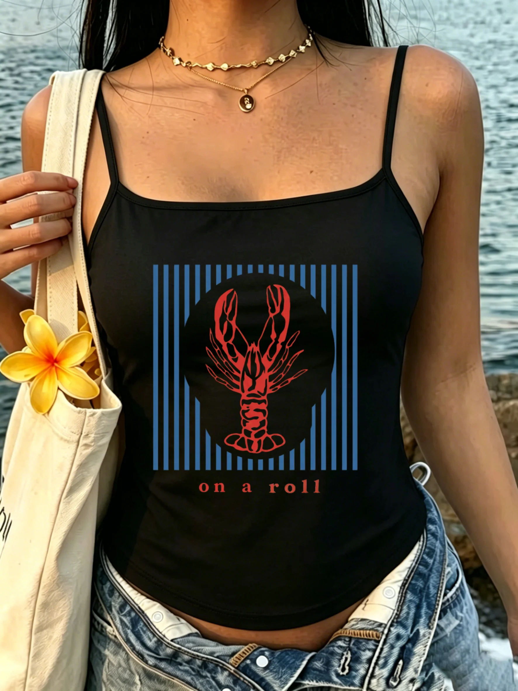 Women Summer Layering Camisole Vintage Lobster Typography Art Design Sleeveless Slim Vest Seaside Leisure Street Look