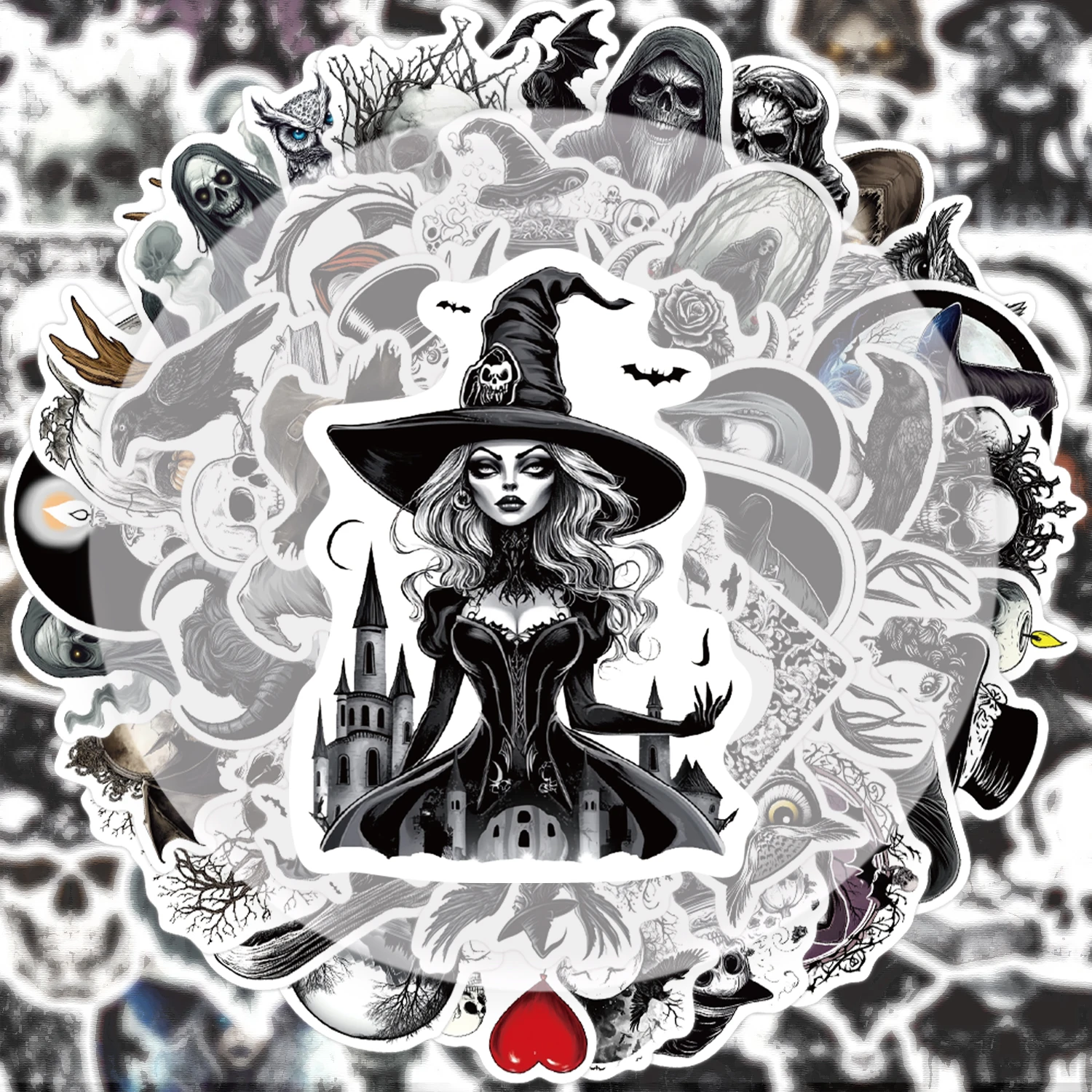 50, schwarz-weiße Gothic-Totenkopf-Graffiti-Aufkleber, geeignet zum Dekorieren von Wasserflaschen, Laptops, Mobiltelefonen, Koffern, Skateboards, Gitarren, Geschenkboxen und Partydekorationen