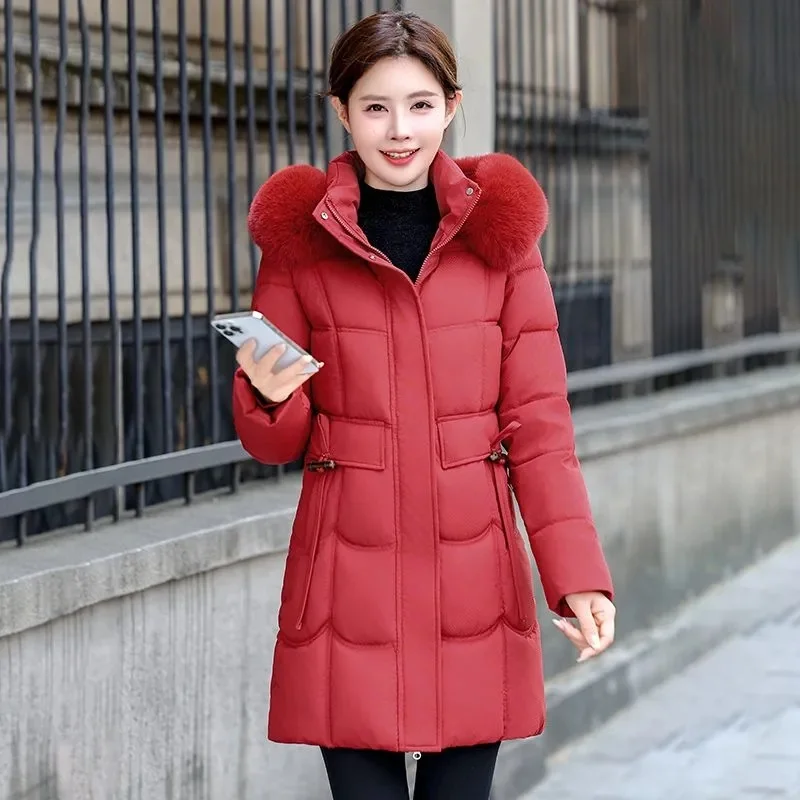 Women Winter Fur Collar Hooded Parka Fashion Letter Patch Zipper Pockets Design Long Jacket Elegant Slim Warm Thick Female Coats