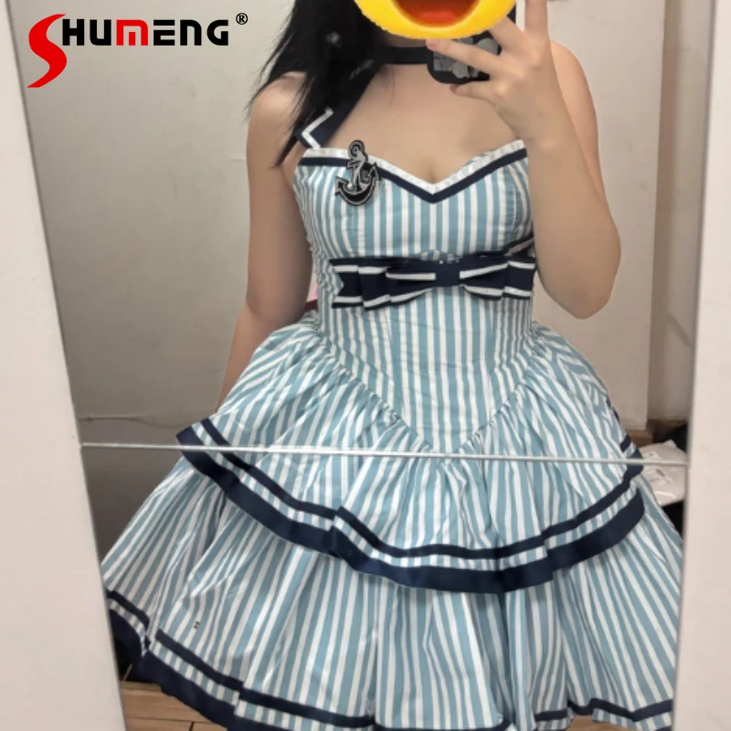 

Rojita Style Pure Desire Navy Striped Cute Soft Girl Vacation Halter Dress Japanese Lolita Sweetheart Neck High-waisted Vestidos