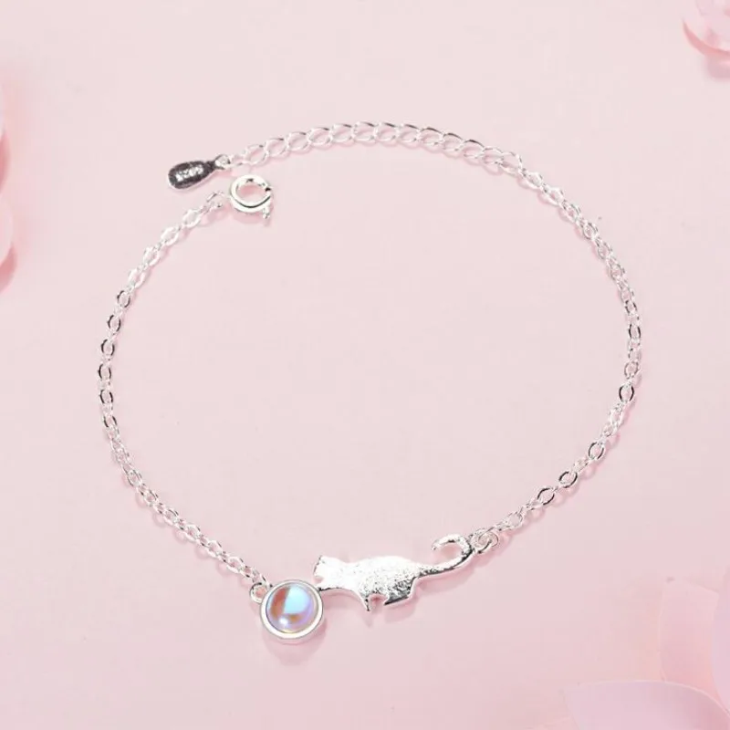 

Hand Drawing Female Fashion Moonstone Cute Animal 925 Sterling Silver Jewelry Crystal Sweet Cat Temperament Bracelets SL010