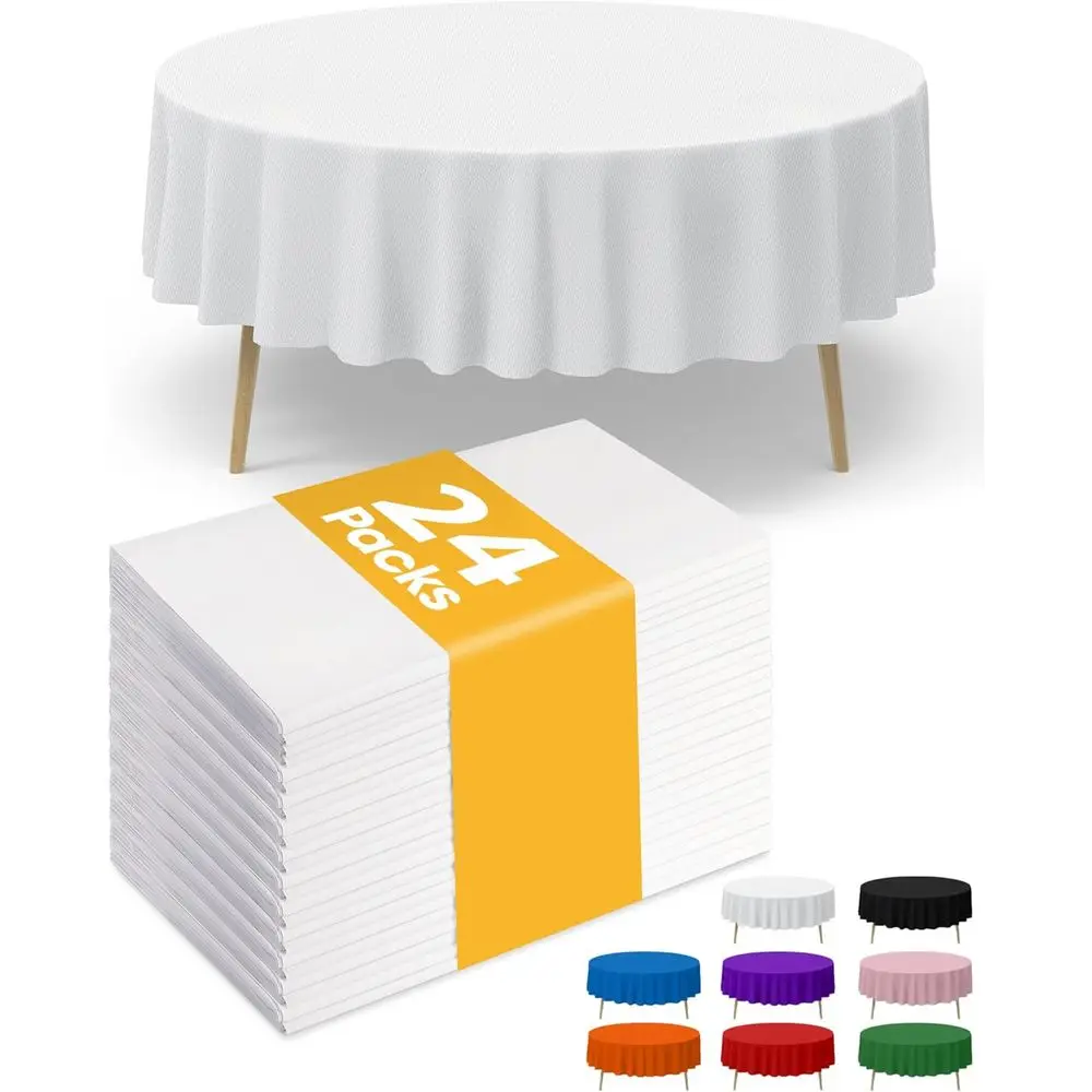

24-Pack 84 Waterproof Round Table Covers for Holiday Parties - Disposable Plastic Tablecloths for Round Tables