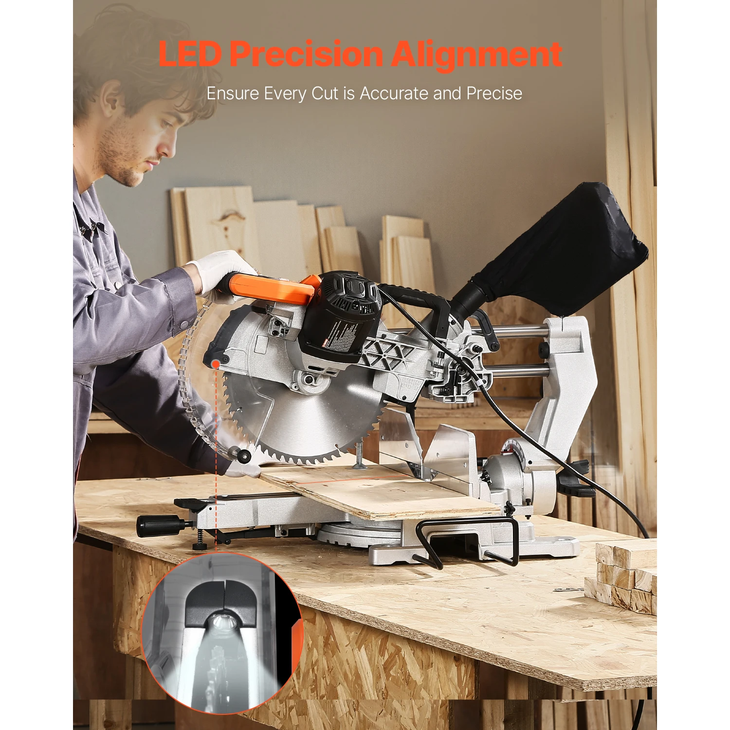 SucceBuy Sliding Compound Miter Saw 12-Inch Blade 15Amp Motor 60-Tooth Corded Double Bevel Sliding Miter Saw LED Alignment