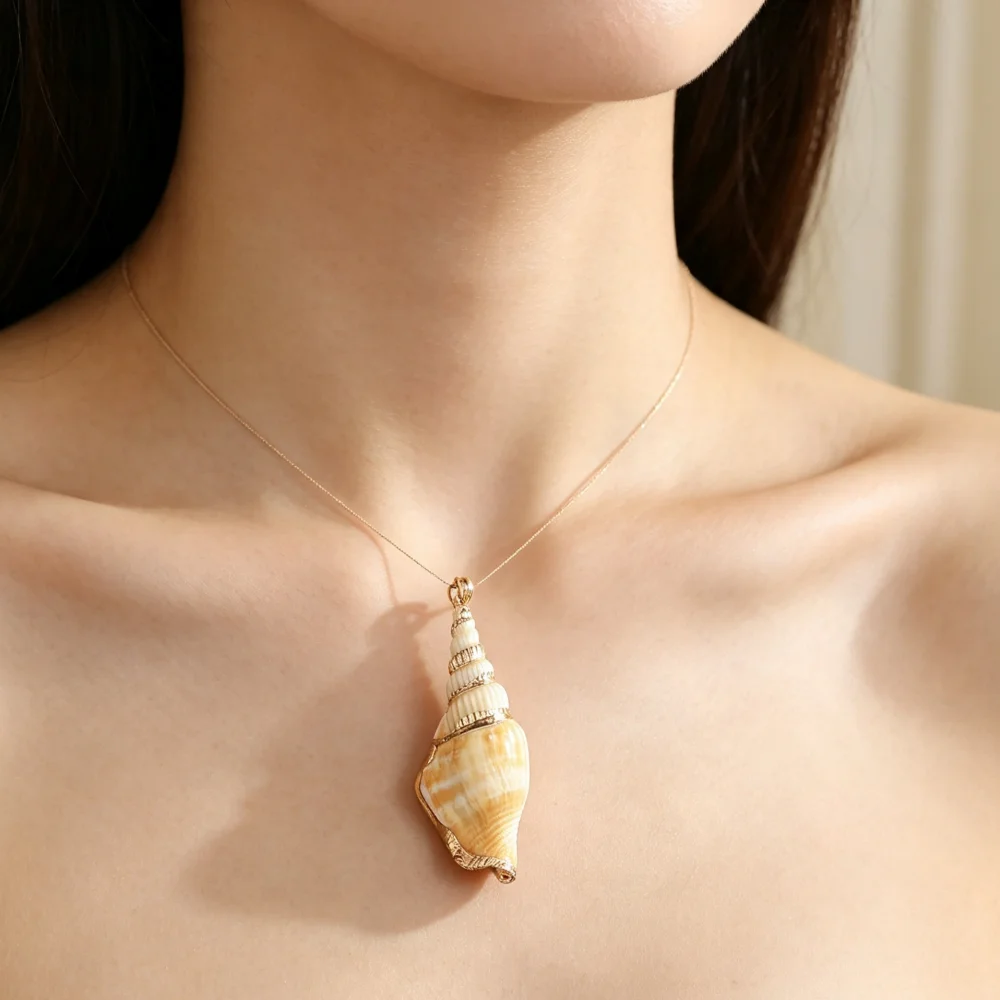 Creative Natural Freshwater Spiral Long Conch Shape Gold-Plated Single-Hole Edge-Wrapped Pendant DIY Accessories Jewelry