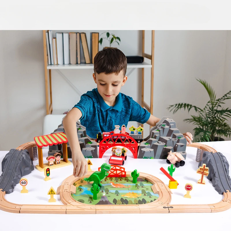 

Toys Boys Montessori Board Games Children Toy Puzzle Diy Wooden Mine Rail Car Model Kit Building Blocks Diorama Constructor Gift