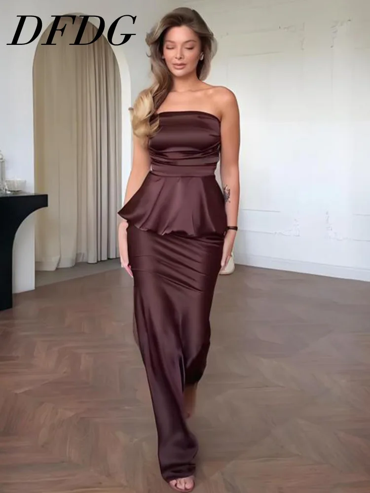 

DFDG 2025 SS Women’s Backless Sleeveless Two Piece Set Elegant Solid Color Outfit Tie Knot Crop Top Bodycon Pencil Skirt Set