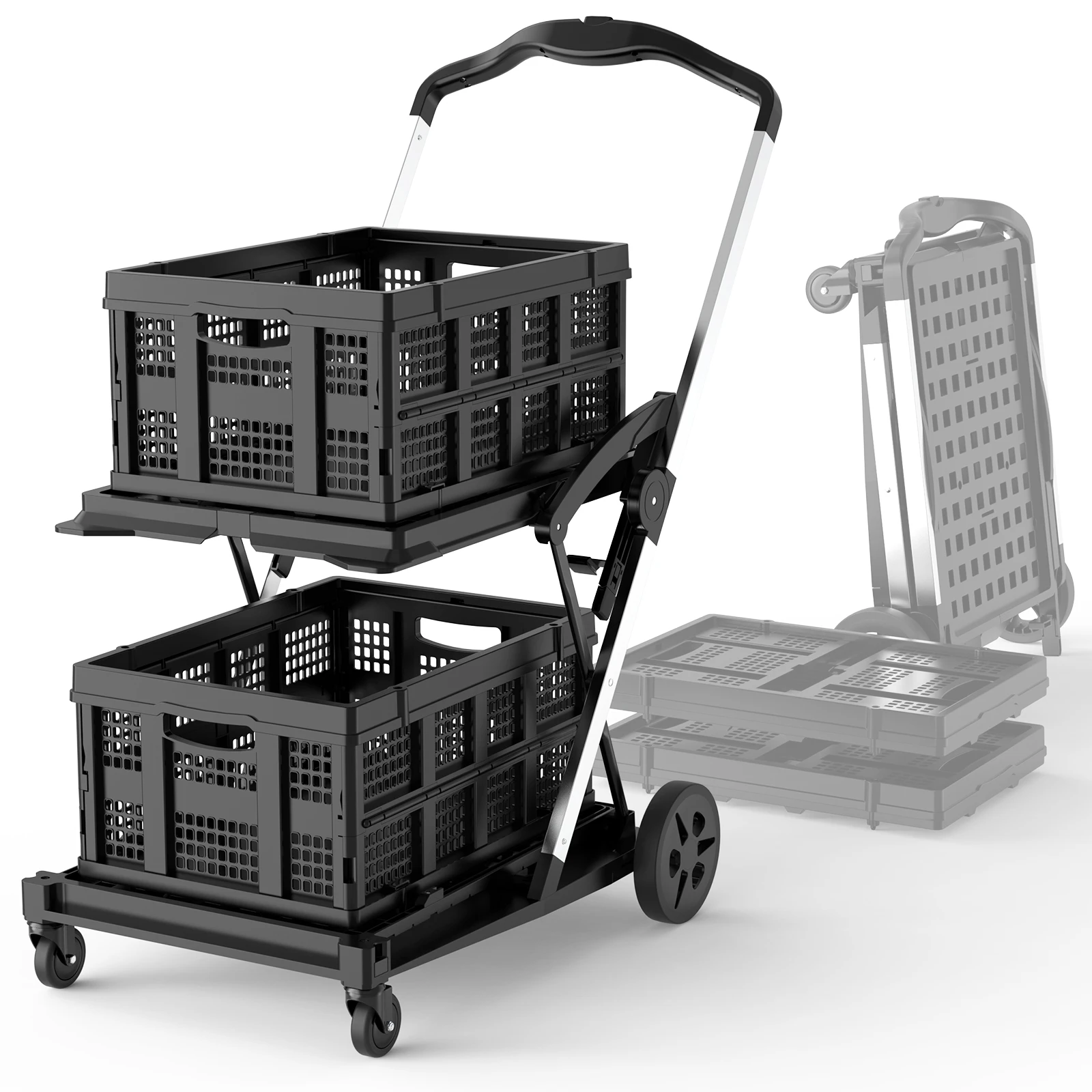

TOOLIOM Heavy-Duty Folding Cart - 198lbs Capacity, 2 Removable Baskets, Aluminum Frame & Wheels for Home, Office, Warehouse