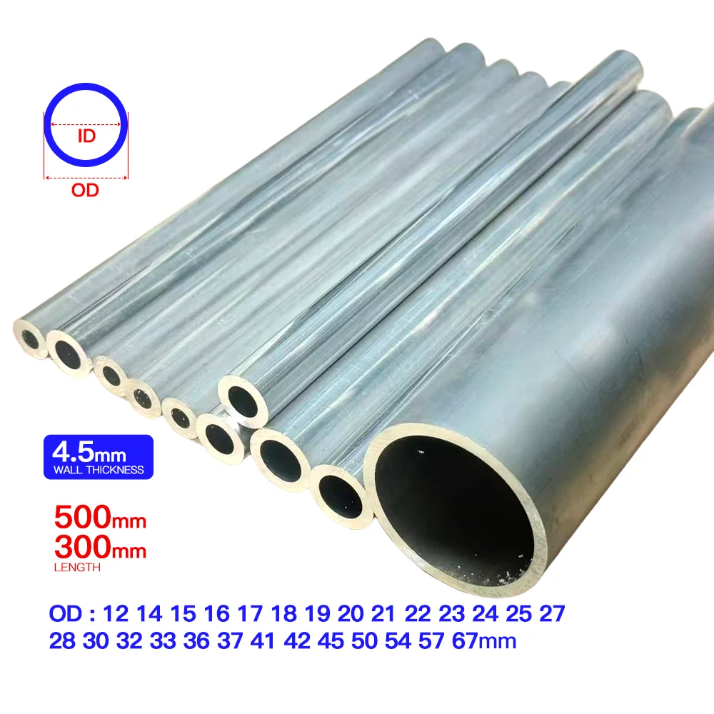 Aluminum Alloy Tube Thick Wall 4.5mm,OD 12-58mm Heavy Duty Straight Pipe,Length 300mm/500mm for Structural Industrial Use