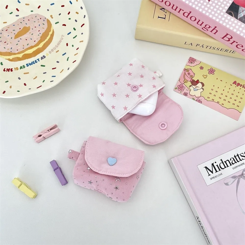 Fashion Mini Earphone Storage Bag Snap Button Sequined Stars Bluetooth Headset Case Key Jewelry Protective Pouch for Women Girls