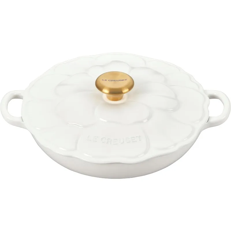 Enameled Cast Iron Petal Braiser, 2.25qt., White with/Gold Knob