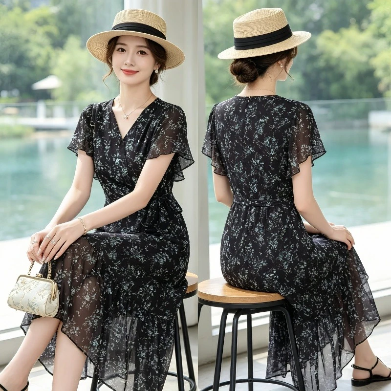 Elegant Bohemian Floral Dress for Women - Short Ruffle Sleeve Wrap V-Neck with Tiered Skirt, Perfect Spring Summer Vacation Wear