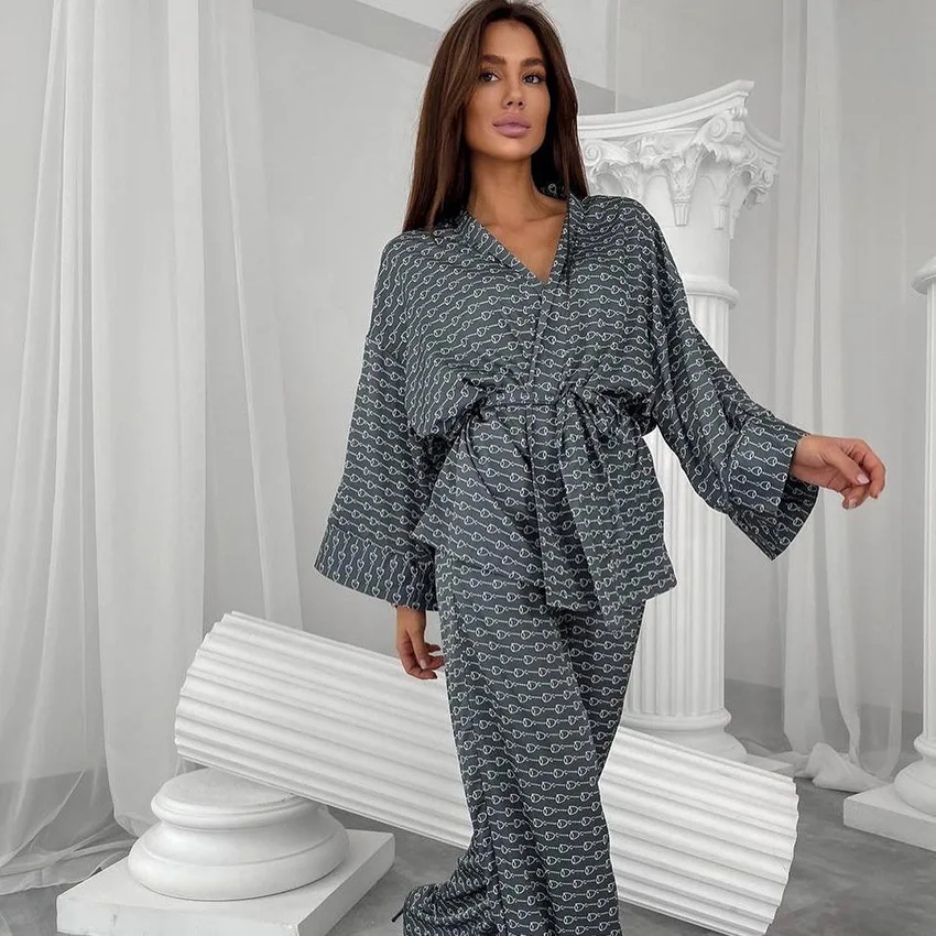 

2026 Spring Summer 2-piece Set Loose Lace Up Robe Sleepwear Lapel High Waisted Pants Sleepwear Women's Printed Sleepwear Set
