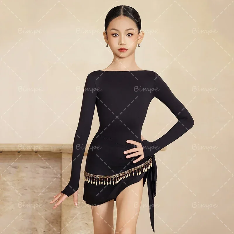 

Kids Latin Dance Clothes set Backless Long Sleeves Tops Fringe Skirt Girls Practice Clothing Cha Cha Rumba Latin Dance Dress