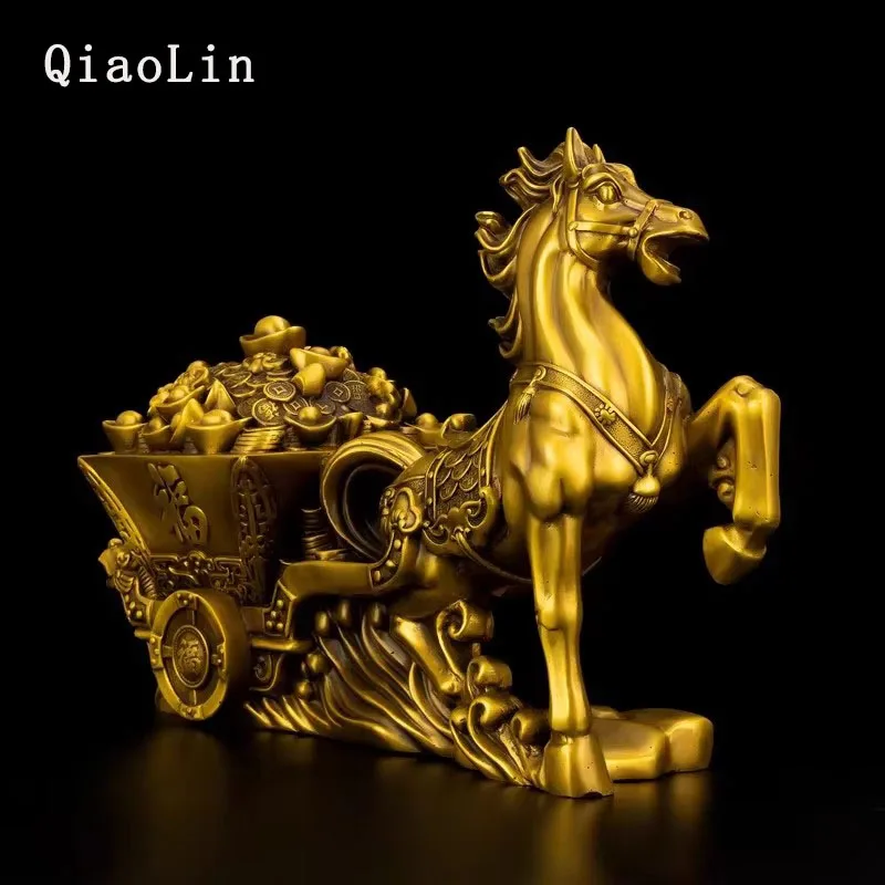 Feng Shui Brass Horse Pulling Treasure Cart Statue， Wealth Attracting Horse with Gold Ingots Figurine， Office Home Desk Decora