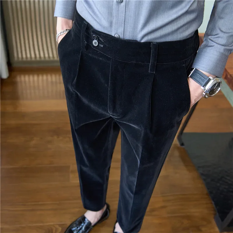 Pantalones de traje de terciopelo para hombre, ropa informal de Color sólido para negocios, oficina, Social, otoño e invierno, 2023