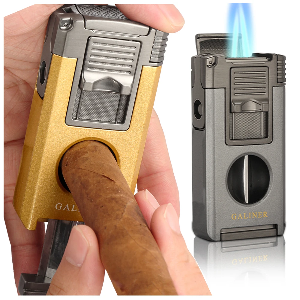 

GALINER Metal Cigar V Cutter Lighter Butane Gas 3 Jet Flame Torch Cigar Lighters With Punch Cigar Needles