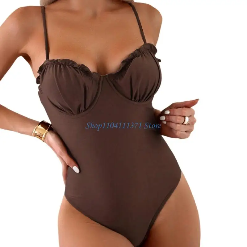 P9FC Women Ruffled Trim Swimsuit 1 Piece Swiming Costume Monkini Push Up Bathing Suit Adjustable Shoulder Strap Swimwears