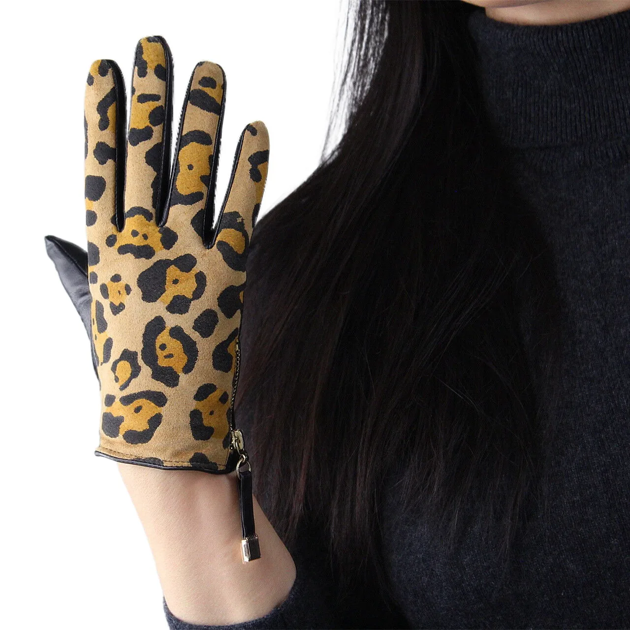 DooWay Women Real Leather Leopard Gloves Jaguar Suede Wrist Short Genuine Sheepskin TECH Driving Warm Winter Glove