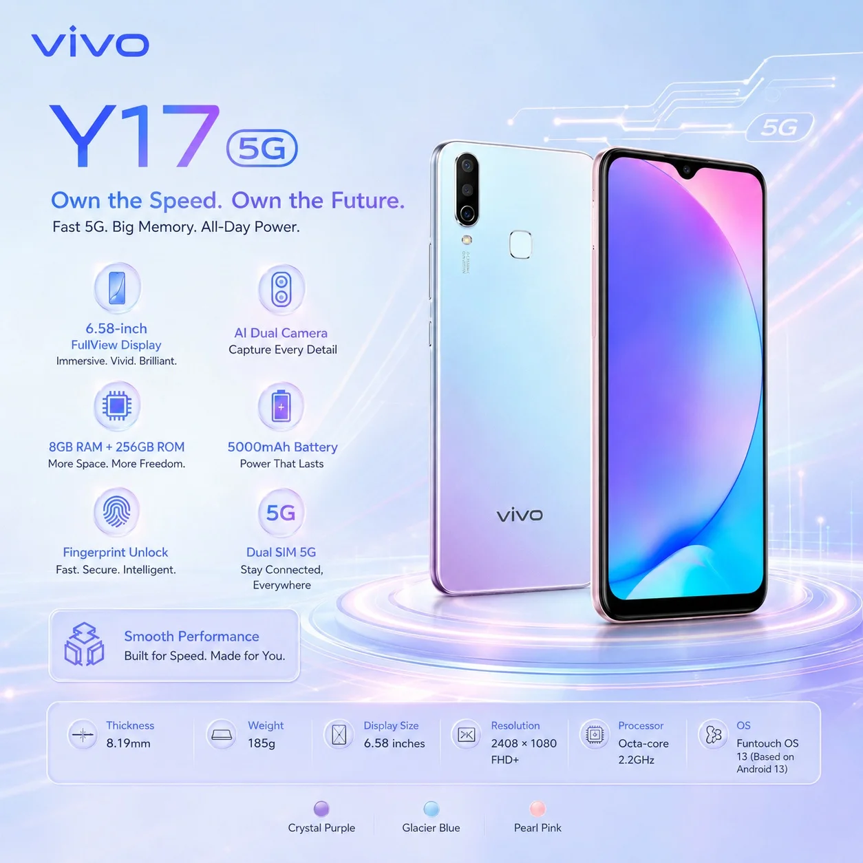 2026 new vivo Y17 5G Smartphone 8GB+256GB, 6.58'' HD+ Screen, 5000mAh Battery, 13MP+8MP+2MP Camera, 20MP Selfie, Dual SIM