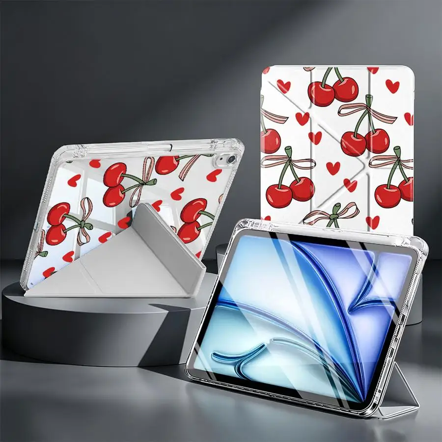 Cherry Heart-Shaped Pattern With Pen Slot Cover Tablet Case For iPad 9th Pro 13 2025 2026 10th Gen 11th 12th Mini 7 6 5 Air 8 M2