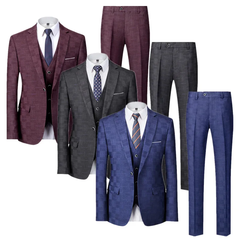 

(Blazer + Pant + Vest) Qj Cinga Brand Men Boutique Business Suit Blue Wine Red Men's Single Breasted Wedding Party Tuxedo Dress