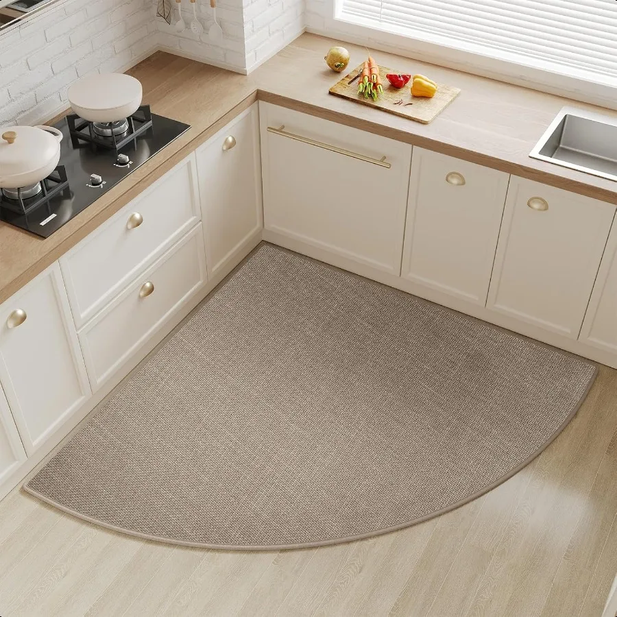 Corner Kitchen Mats for Floor Non Slip Washable Rubber Backed Circular Sector Kitchen Rugs er Absorbent Imitation Linen Braided