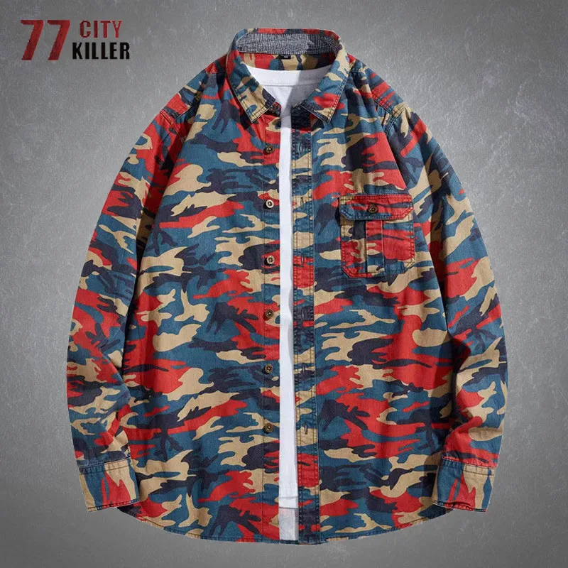 

New Camouflage Cotton Military Shirts Mens Spring Autumn Casual Patchwork Printed Looose Cargo Long Sleeve Shirts Jackets Male