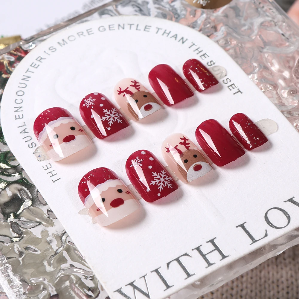 24 pièces mignon noël court carré presse sur ongles père noël Elk dessin animé faux ongles blanc flocon de neige brillant nouvel an faux ongles #