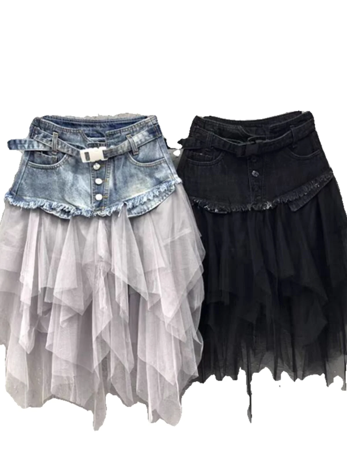 トレンドのハイウエストAラインミディスカート レディース 韓国風 夏新作 デニムメッシュスプライシングスカート 通勤 ボタン付き スパンコールスカート