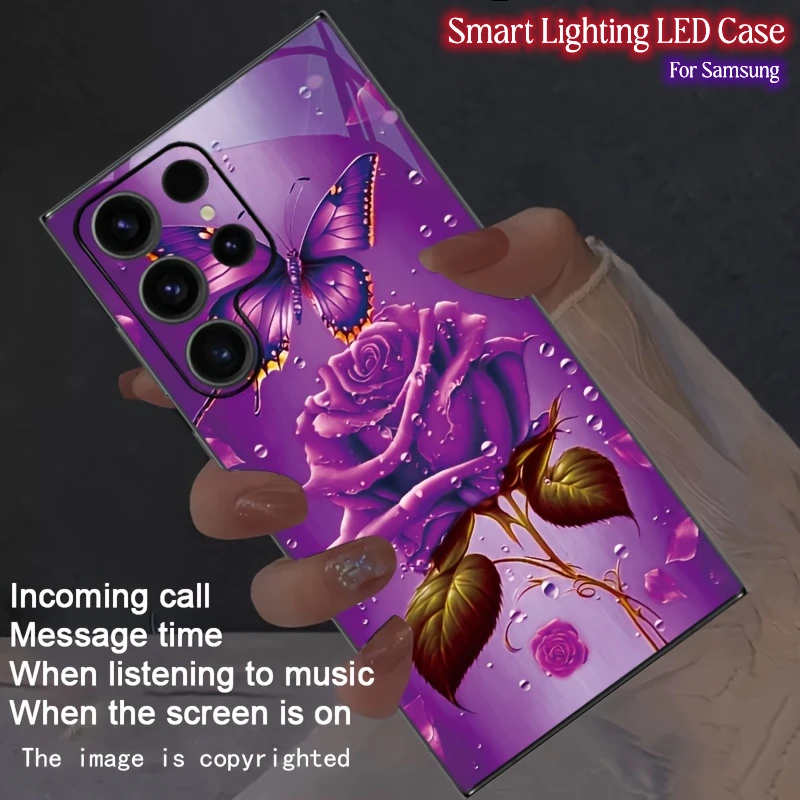 

Beautiful Purple Rose Butterfly Voice Controlled Luminous LED Phone Case For Samsung Galaxy S24 S23 S22 Ultra S21 S25 FE A15 A16