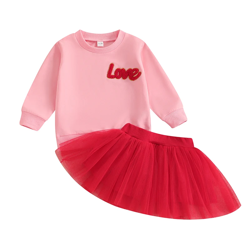 2-Piece Little Girls Set Long Sleeve Letter Embroidered Sweatshirt Puffy Gauze Skirt Valentine's Day Outfits