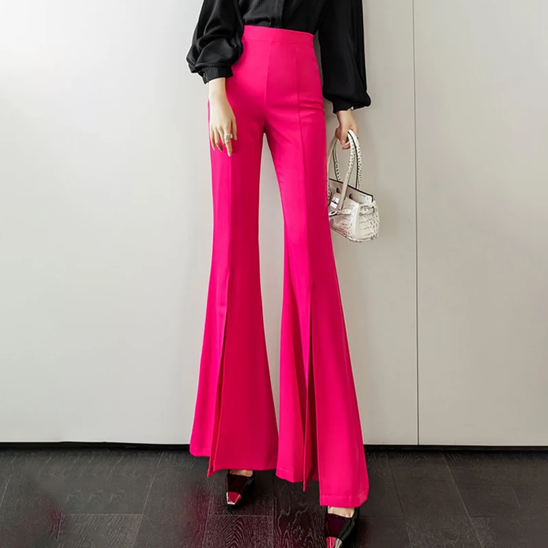 Chic Korean Fashion Ladies Wear Split Hem Bell-bottoms Pants Women OL High Waist Zipper Fly Trousers Female Streetwear Clothes