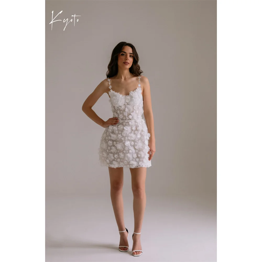 

Kyoto Customized Floral Spaghetti Strap Applique Wedding Dress Heart Neck Backless فستان زفاف Waist Mini Robe de mariée