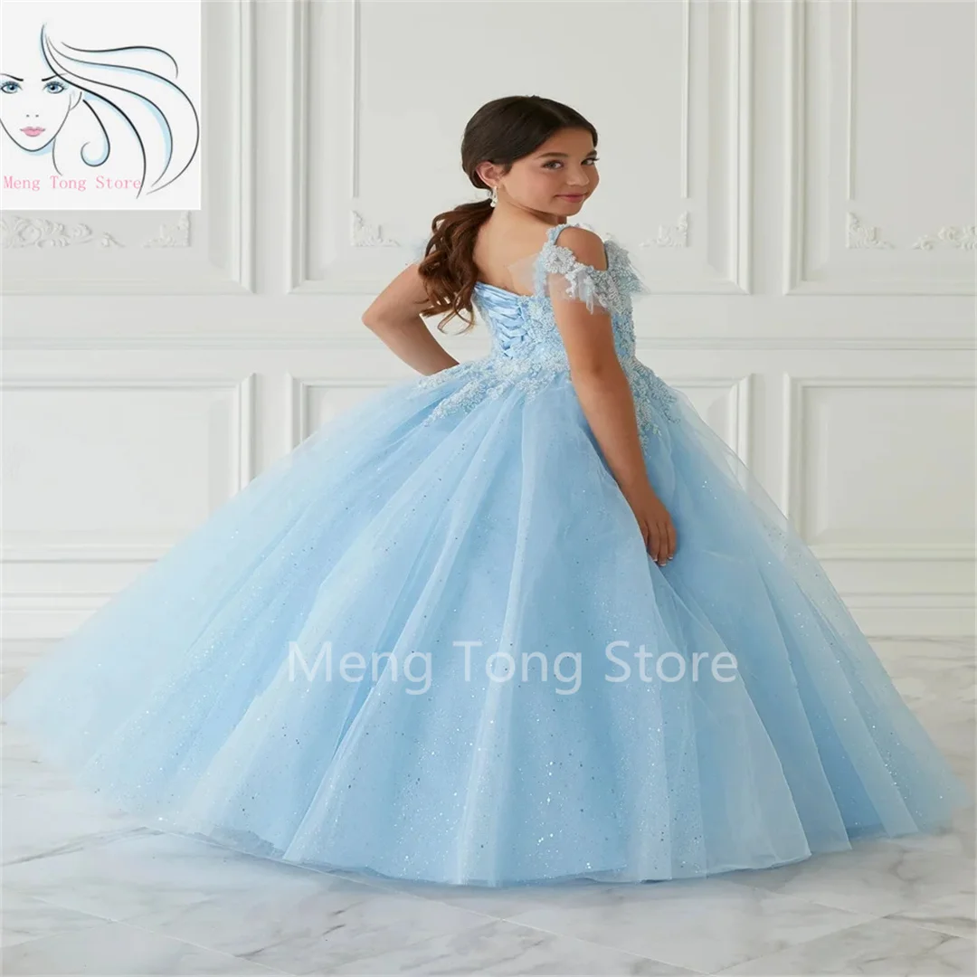 

Light Blue Spaghetti Strap Flower Girl Dress Sparkling Beauty Pageant Ball Party Custom Princess Flower Girl Dress Celebration