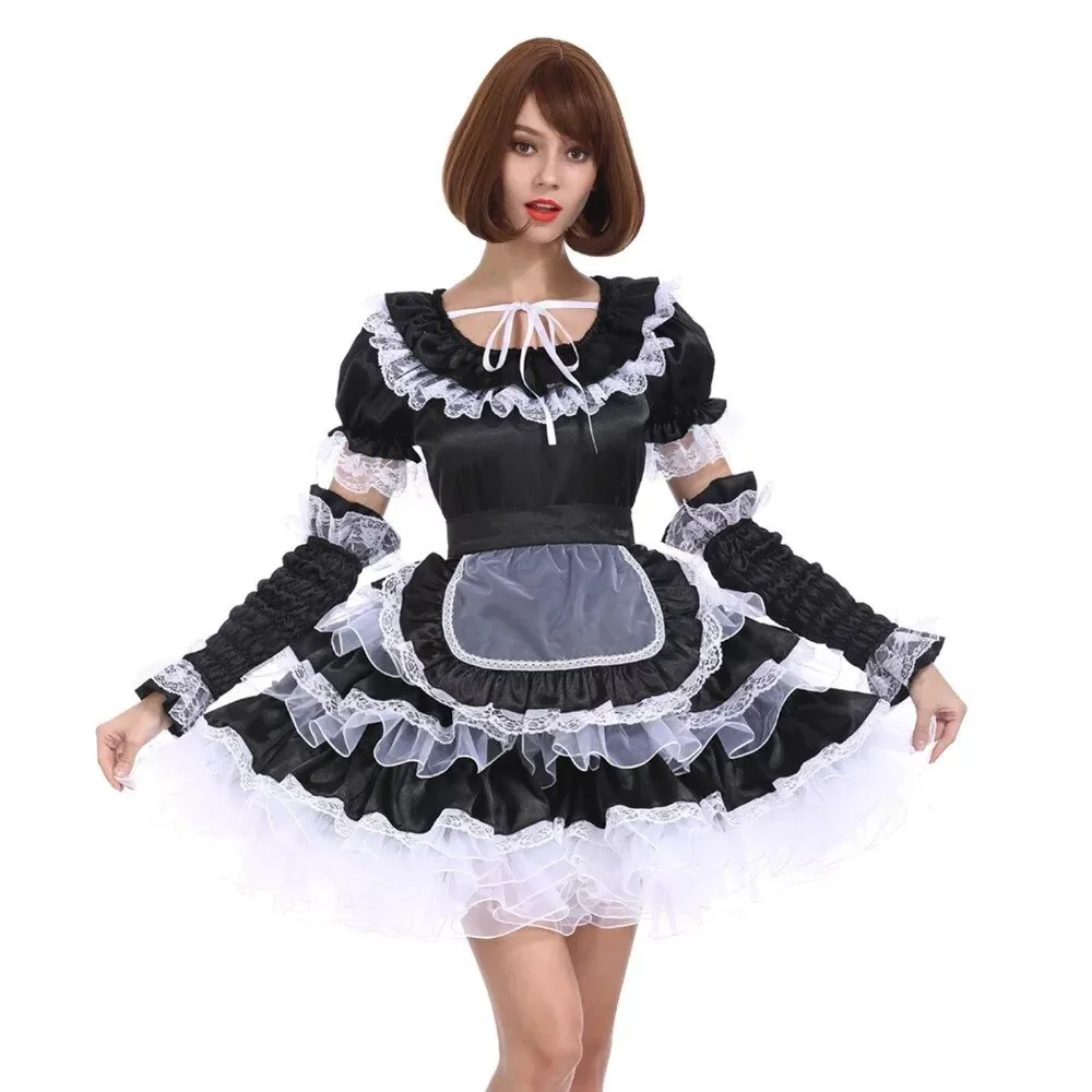 Sissy Girly girl black satin organza lace maid Cosplay costume tailored