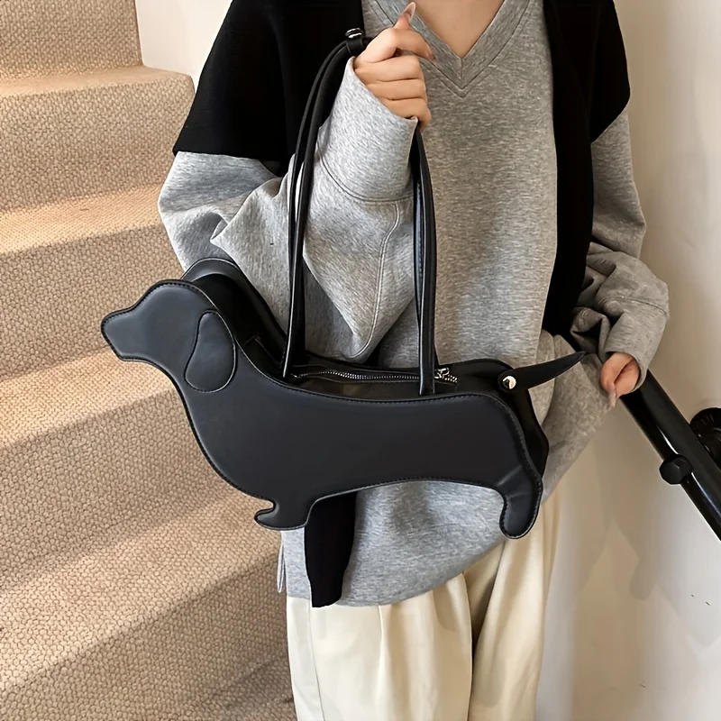 

Chic Dachshund Dog Novelty Bag - Trendy Black Shoulder Purse with Zipper Closure, Cute 3D Animal Design