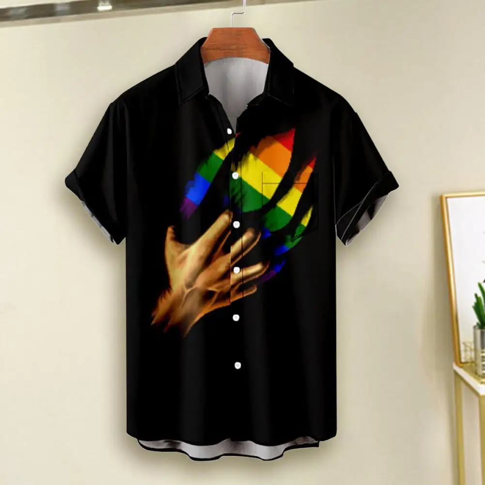 Mannen Zomer Shirt Kleur Bijpassende Felle Regenboog Kleur Turn-Down Kraag Single-Breasted Cooling Knopen Plus Size Zacht Strand Shirt