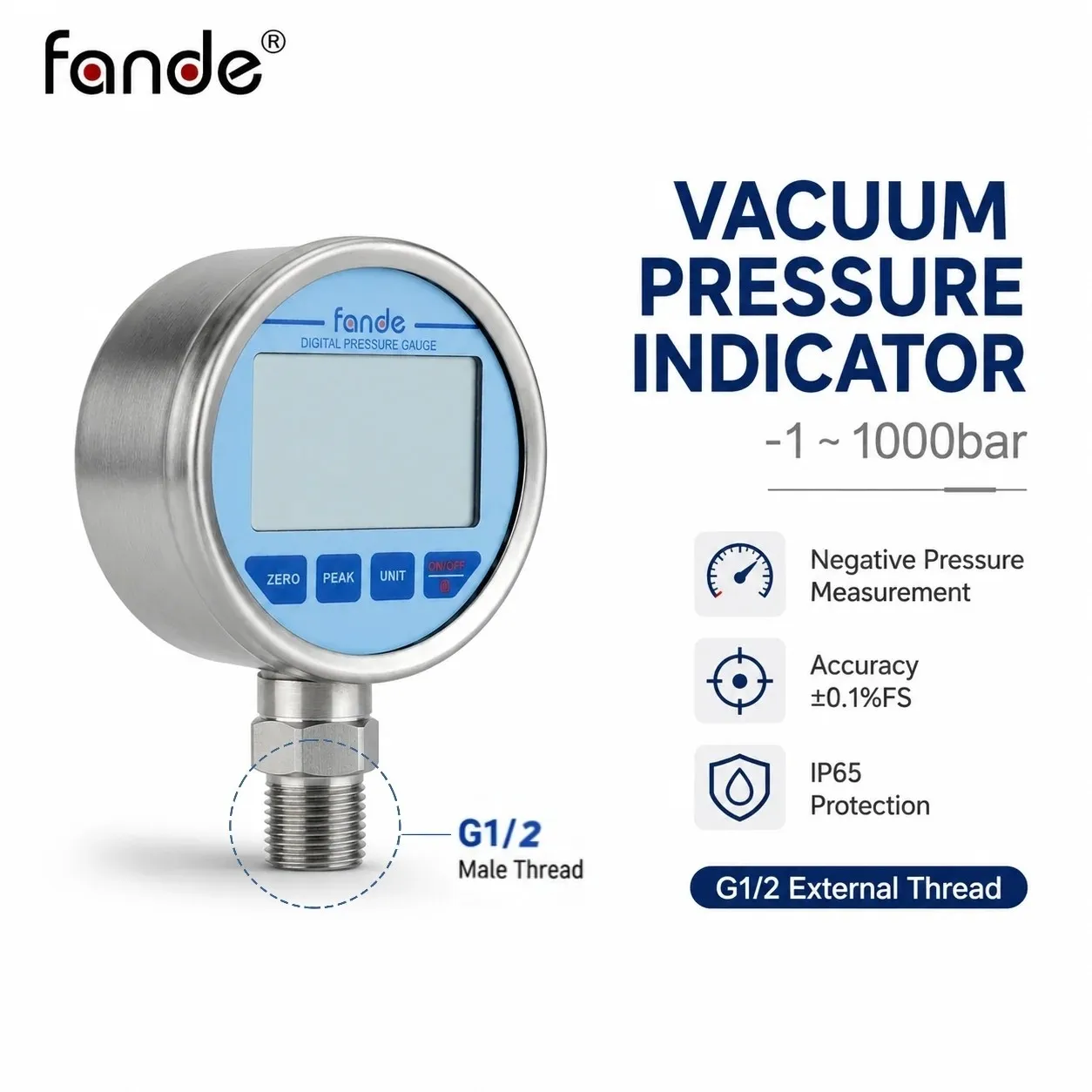 Class 4A Vacuum Pressure Indicator G1/2 -1~1000bar Negative Pressure Measurement 0.1%FS LCD IP65 for Hydraulic Systems