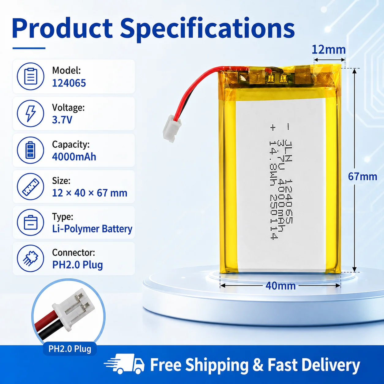 3.7V 4000mAh 124065 LiPo Battery Rechargeable Lithium Polymer Battery PH2.0 Connector for LED DIY Electronics