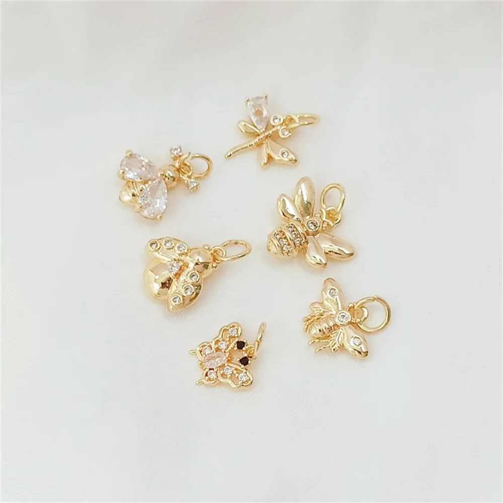 14K Gold-plated Micro-inlaid Zircon Bee, Dragonfly, Butterfly Pendant, Diy Handmade Jewelry, Insect Series Accessories