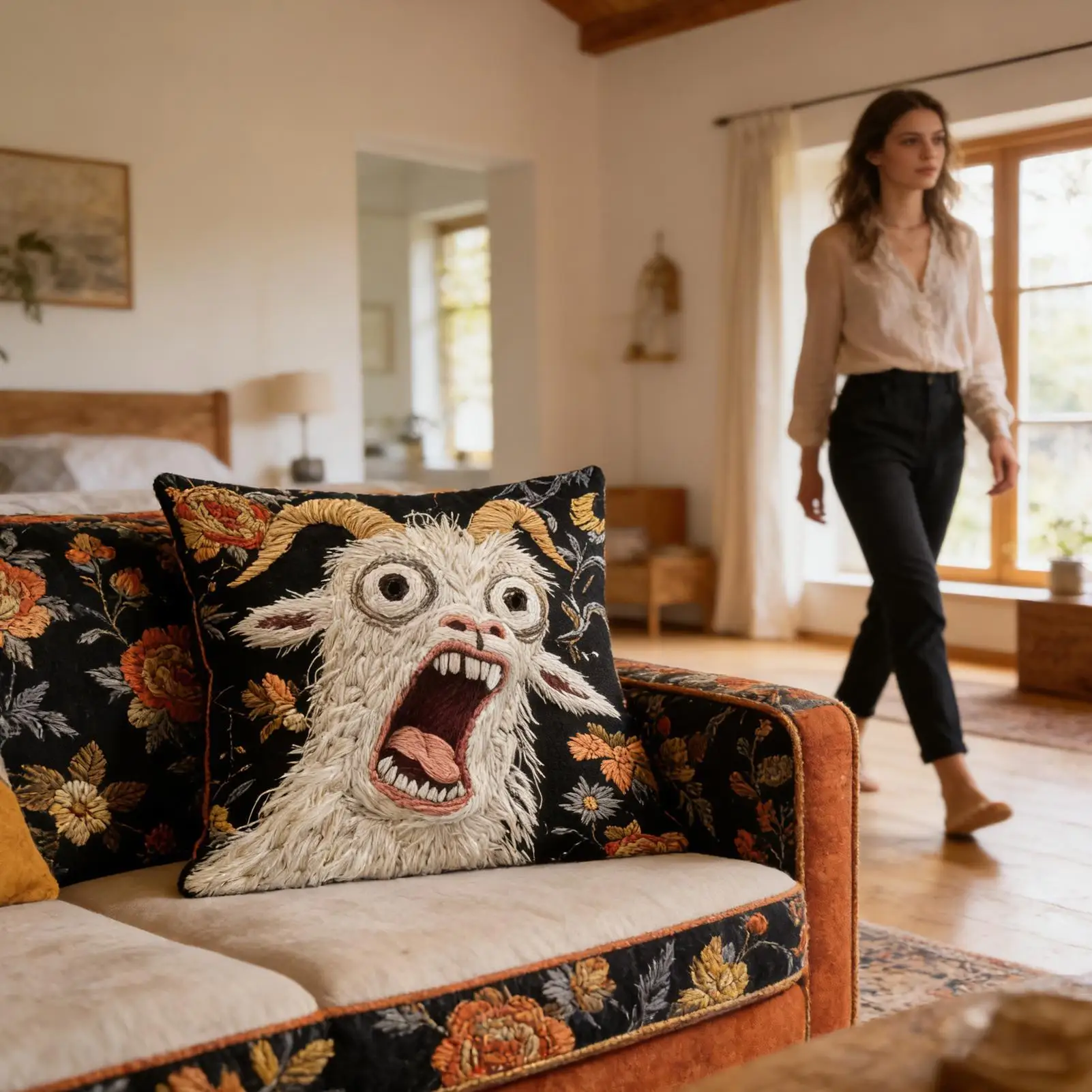 17.72inch Square Spooky Goat Face 2D Cushion Cover, Funny Printing Pillowcase For Home Office Car Sofa Pillow Decor Cover