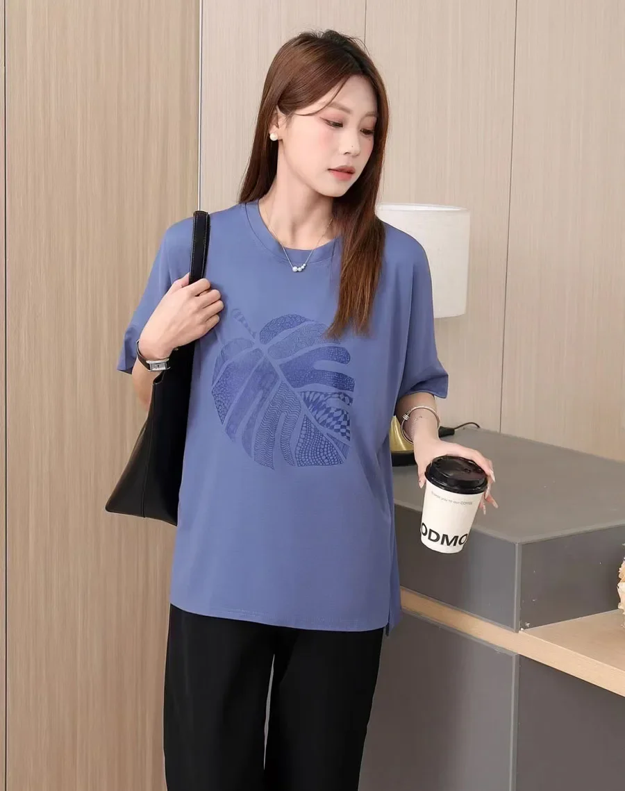 women loose mother cotton tops summer casual tees printed leaf t shirts