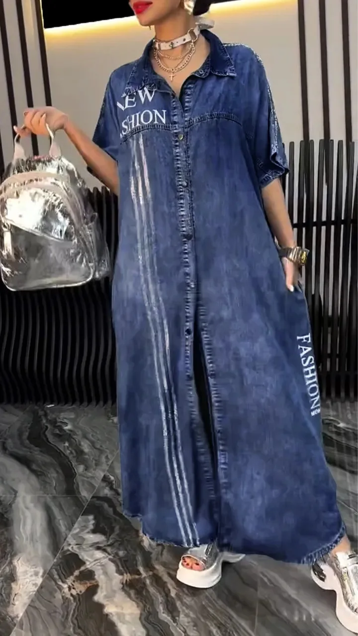 2025年ホットな新作 春秋 カジュアル レディース シャツワンピース ファッション レタープリント 襟付き 半袖 シングルブレスト ルーズワンピース